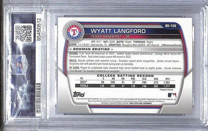PSA-graded Wyatt Langford baseball card from 2023 Bowman BD-106 Texas Rangers