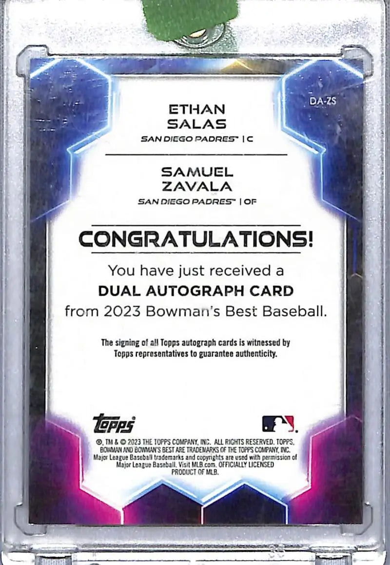 Back of 2023 Bowman Best dual player autograph card featuring Ethan Salas and Samuel Zavala