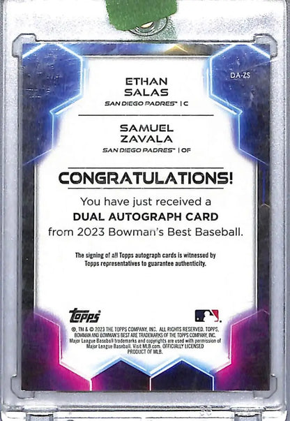 Back of 2023 Bowman Best dual player autograph card featuring Ethan Salas and Samuel Zavala