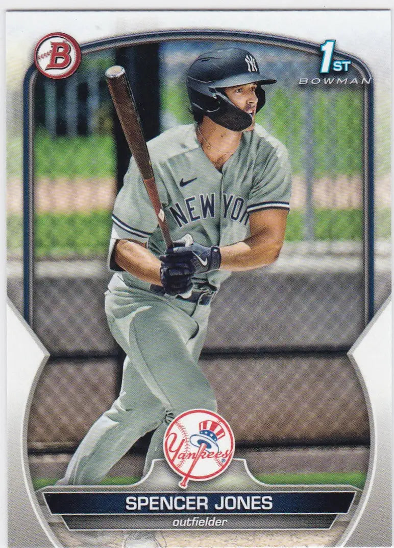 Spencer Jones 2023 Bowman baseball card featuring New York Yankees player display