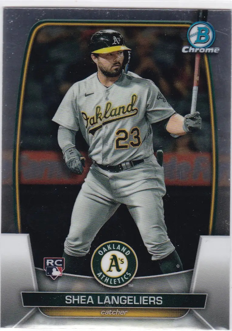 Baseball card of Shea Langeliers in gray uniform for Oakland Athletics Bowman Chrome