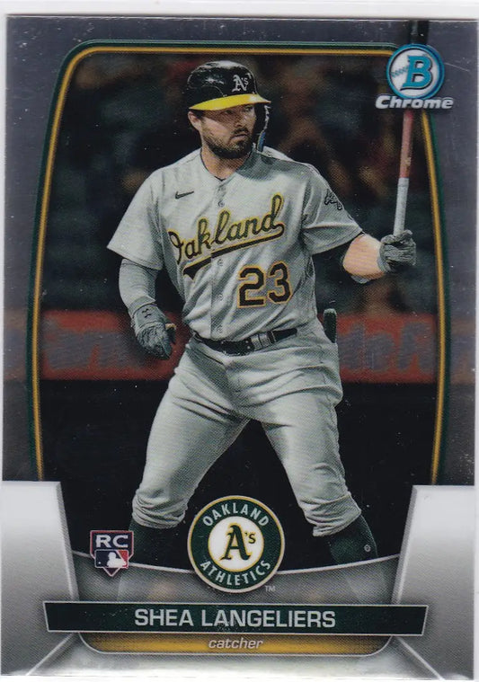 Baseball card of Shea Langeliers in gray uniform for Oakland Athletics Bowman Chrome