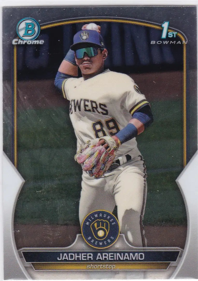 Baseball card of Jadher Areinamo in white uniform, 1st Bowman Brewers collectible