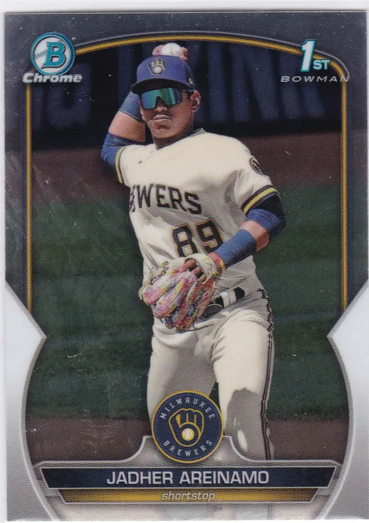 Baseball card of Jadher Areinamo in white uniform, 1st Bowman Brewers collectible