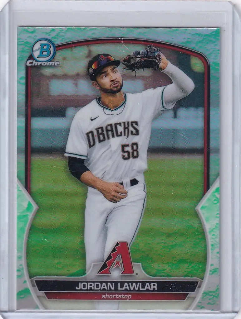 Baseball card of Jordan Lawler Arizona in throwing motion, 2023 Bowman Chrome Refractor