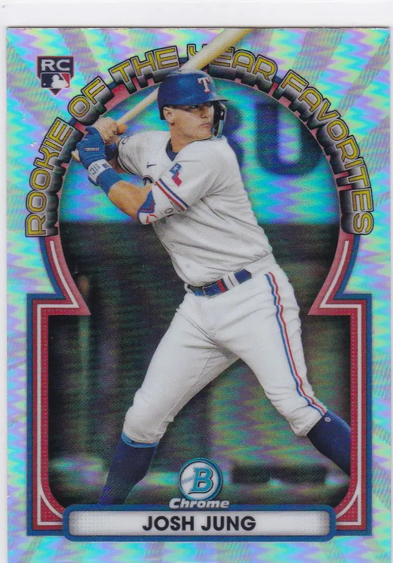 Holographic Bowman Chrome Josh Jung Rookie Favorites RC Rangers in batting stance