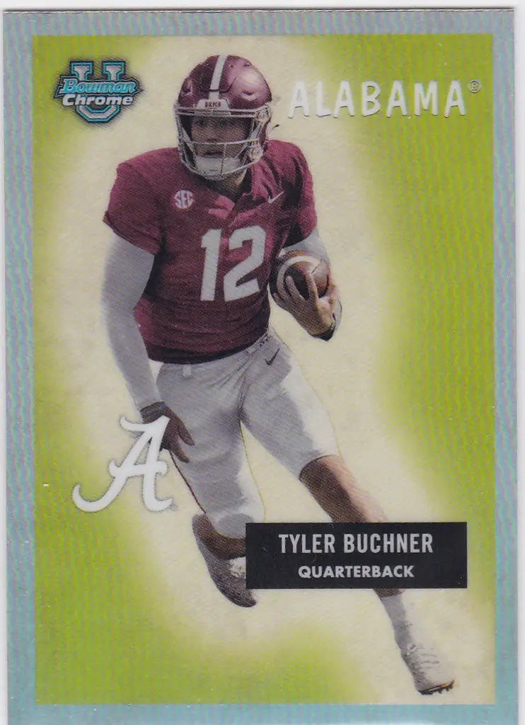 Football trading card of Alabama quarterback Tyler Buchner in crimson jersey running with ball