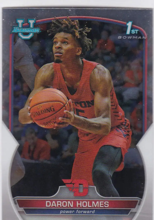Basketball trading card of Daron Holmes 1st in red uniform, Bowman Chrome University