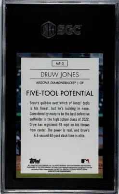 A graded Bowman Druw Jones baseball trading card featuring Druw Jones in a product listing