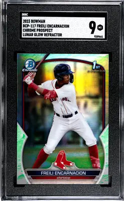 SGC-graded 2023 Bowman Freili Encarnacion Lunar Glow Refractor baseball card with grade 9