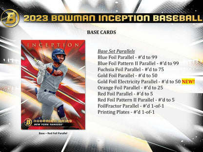 2023 Bowman Inception baseball card parallels featuring foilfractor and dual relic highlights