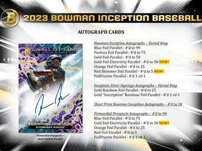2023 Bowman Inception Baseball Hobby Box with autograph cards, foilfractor parallels, and dual relics