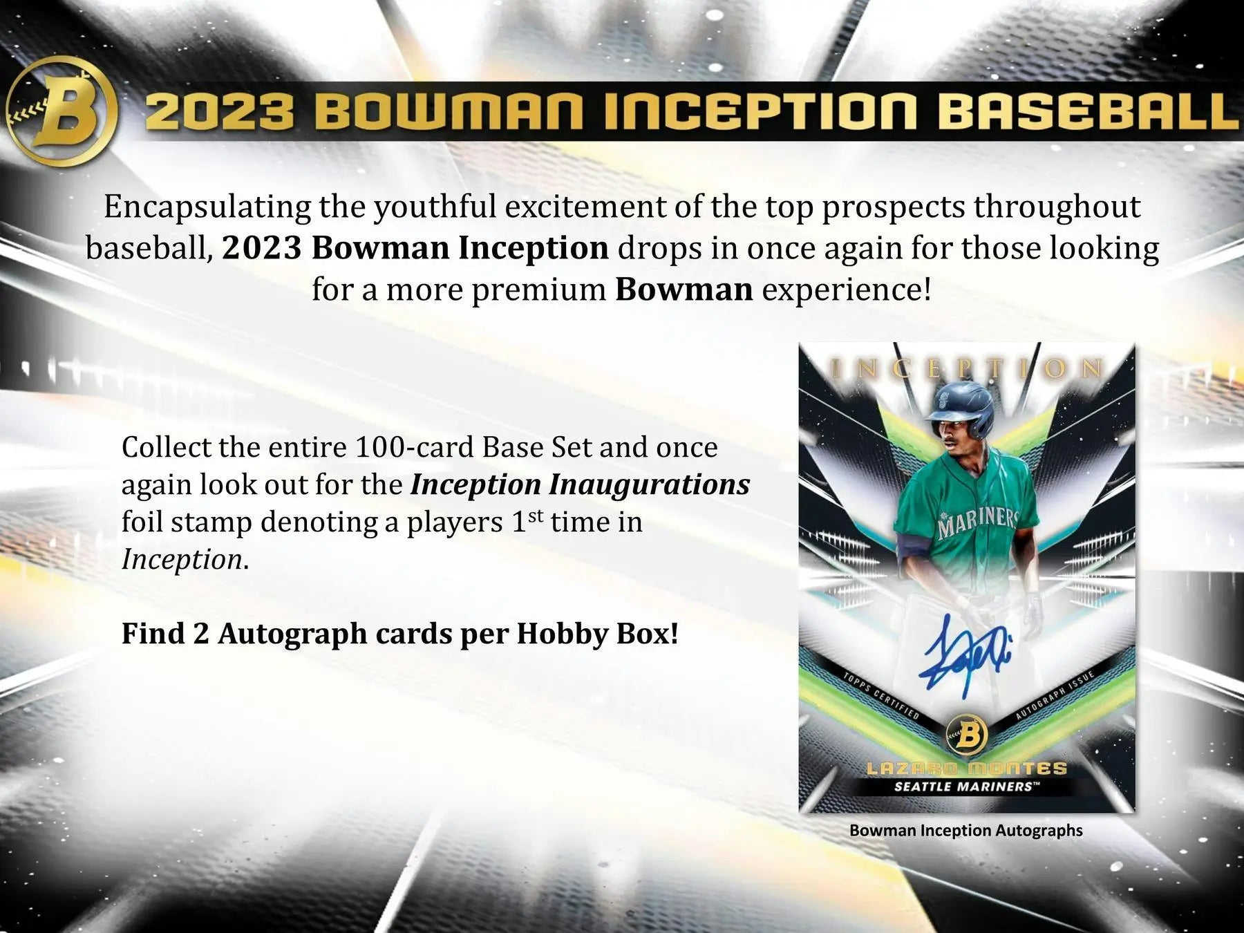 2023 Bowman Inception Baseball card with foilfractor parallel and dual relic inclusions