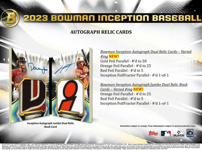 2023 Bowman Inception Baseball Hobby Box with autograph relic cards and foilfractor parallel