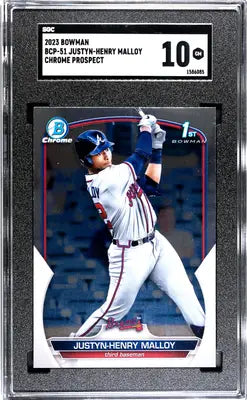 A graded Bowman Justyn-Henry Malloy baseball trading card SGC 10 display
