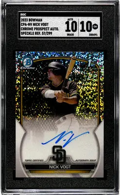 2023 Bowman Nick Vogt speckle refractor SGC auto card with blue autograph and perfect 10 grade