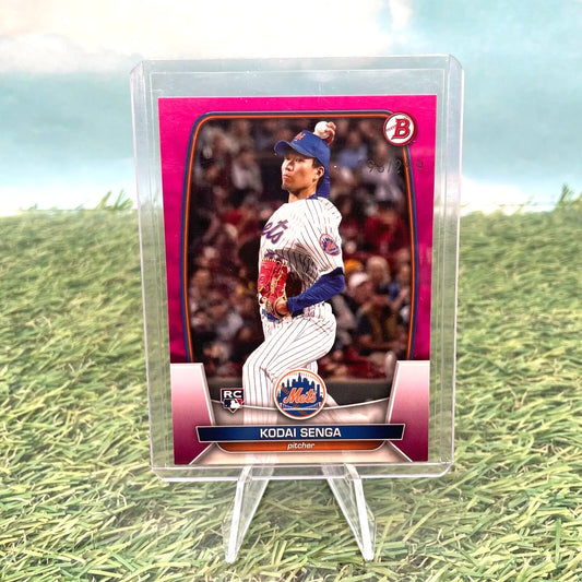 Kodai Senga Bowman trading card with fuchsia border RC /299 #75 for Mets collectors