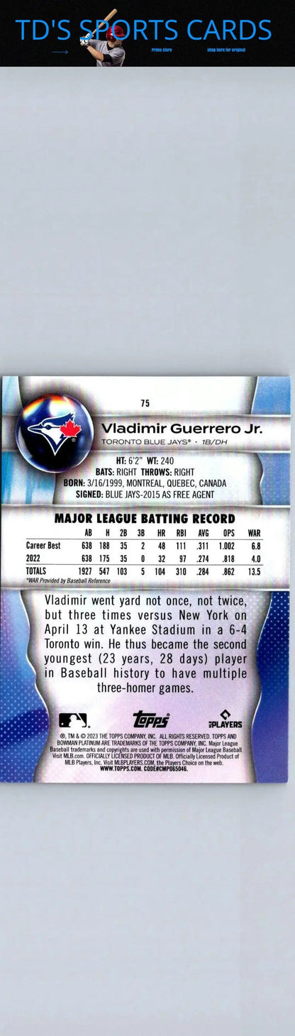 Vladimir Guerrero Jr baseball card from 2023 Bowman Platinum series