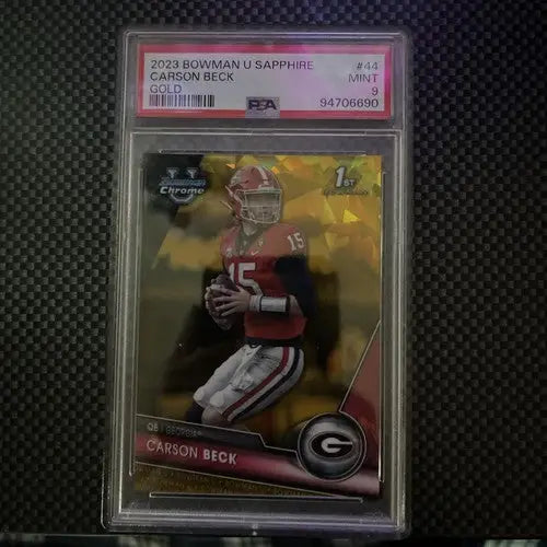 Graded 2023 Bowman U Sapphire Carson Beck Gold football trading card PSA 9