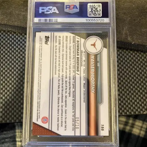 Graded Xavier Worthy football trading card from 2023 Bowman U Sapphire parallel variety