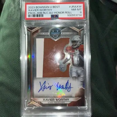 Graded autographed Xavier Worthy football trading card with jersey patch from Bowman University Best