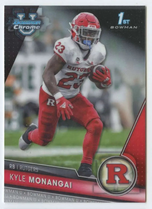 Bowman Chrome football card featuring Kyle Monangai in Rutgers Scarlet Knights uniform