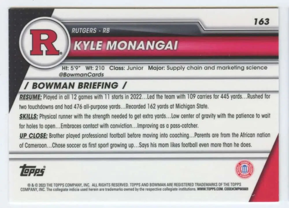 White and red Rutgers Scarlet Knights football trading card featuring Kyle Monangai 2023 Bowman Chrome