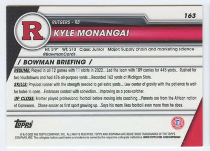 White and red Rutgers Scarlet Knights football trading card featuring Kyle Monangai 2023 Bowman Chrome