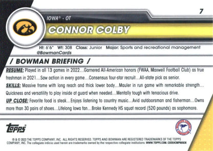 Iowa Hawkeyes Connor Colby football card in 2023 Bowman University Chrome collection