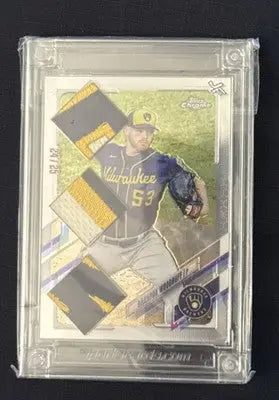 Graded Corbin Burnes baseball card with jersey patch from Topps Chrome Jersey Fusion