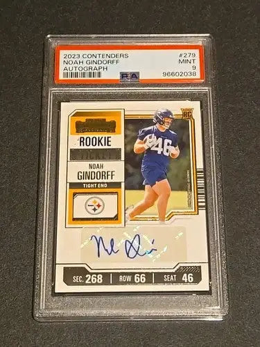 Trading card of Noah Gindorff from 2023 Contenders with PSA Graded Auto 9