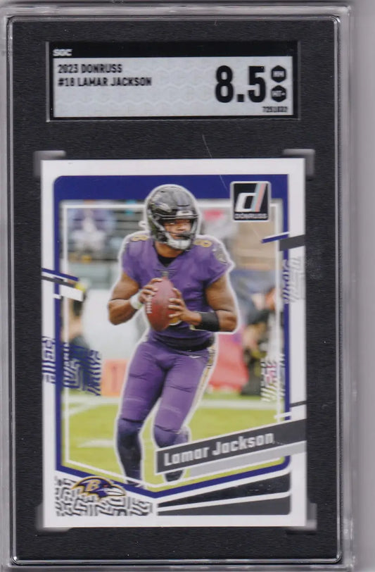 Graded Lamar Jackson SGC 8.5 football card from 2023 Donruss, Baltimore Ravens