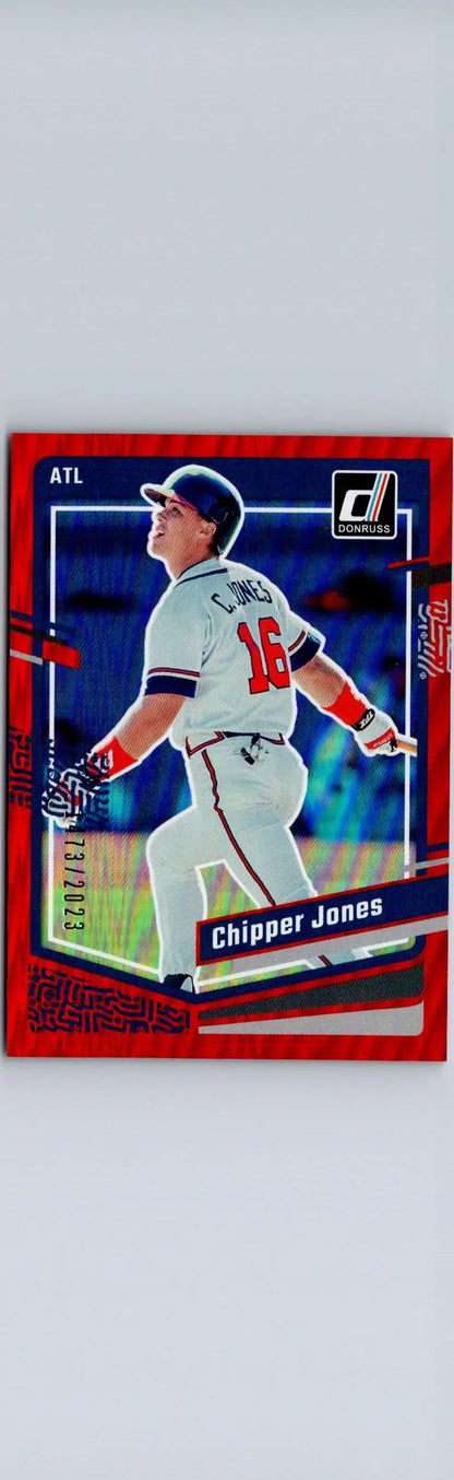 Chipper Jones baseball card 2023 Donruss holo red #216 featuring Chipper Jones holo red design