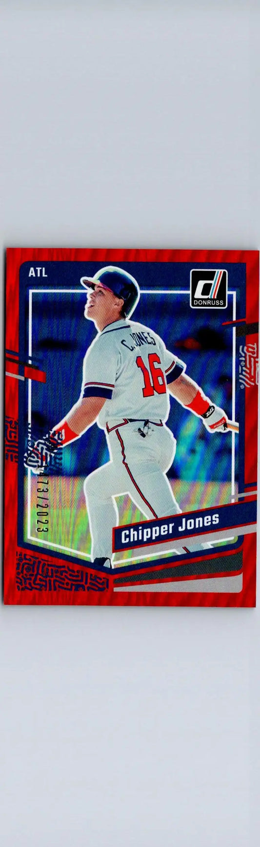 Chipper Jones baseball card 2023 Donruss holo red #216 featuring Chipper Jones holo red design