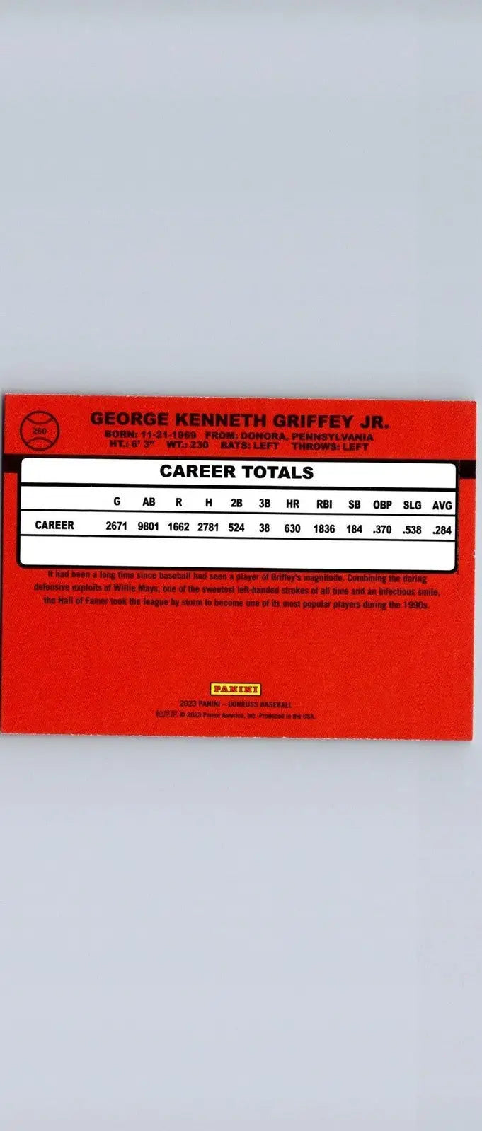 Back of the 2023 Donruss #260 Ken Griffey Jr. trading card featuring baseball stats