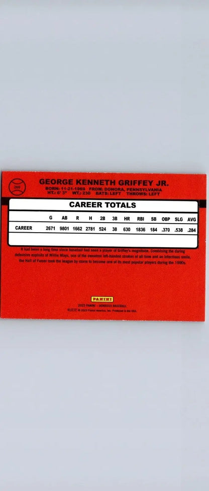 Back of the 2023 Donruss #260 Ken Griffey Jr. trading card featuring baseball stats