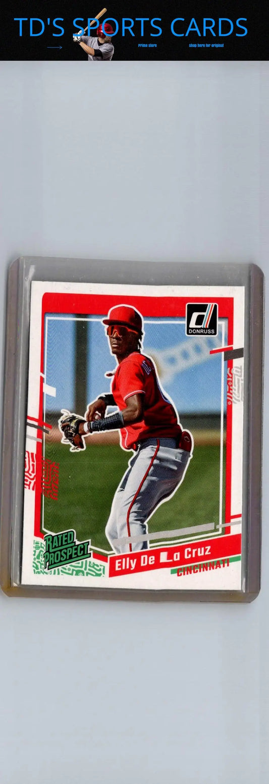 2023 Donruss Elly De La Cruz baseball card displayed in product packaging