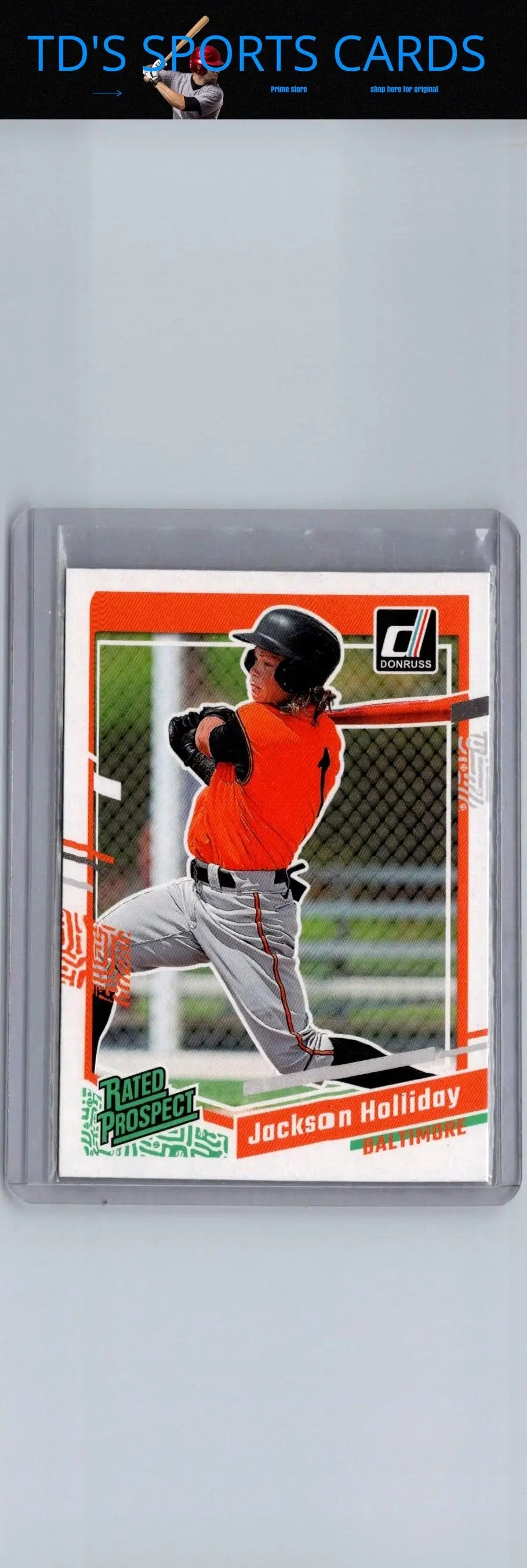 Jackson Holliday baseball card from 2023 Donruss series featuring Jackson Holliday