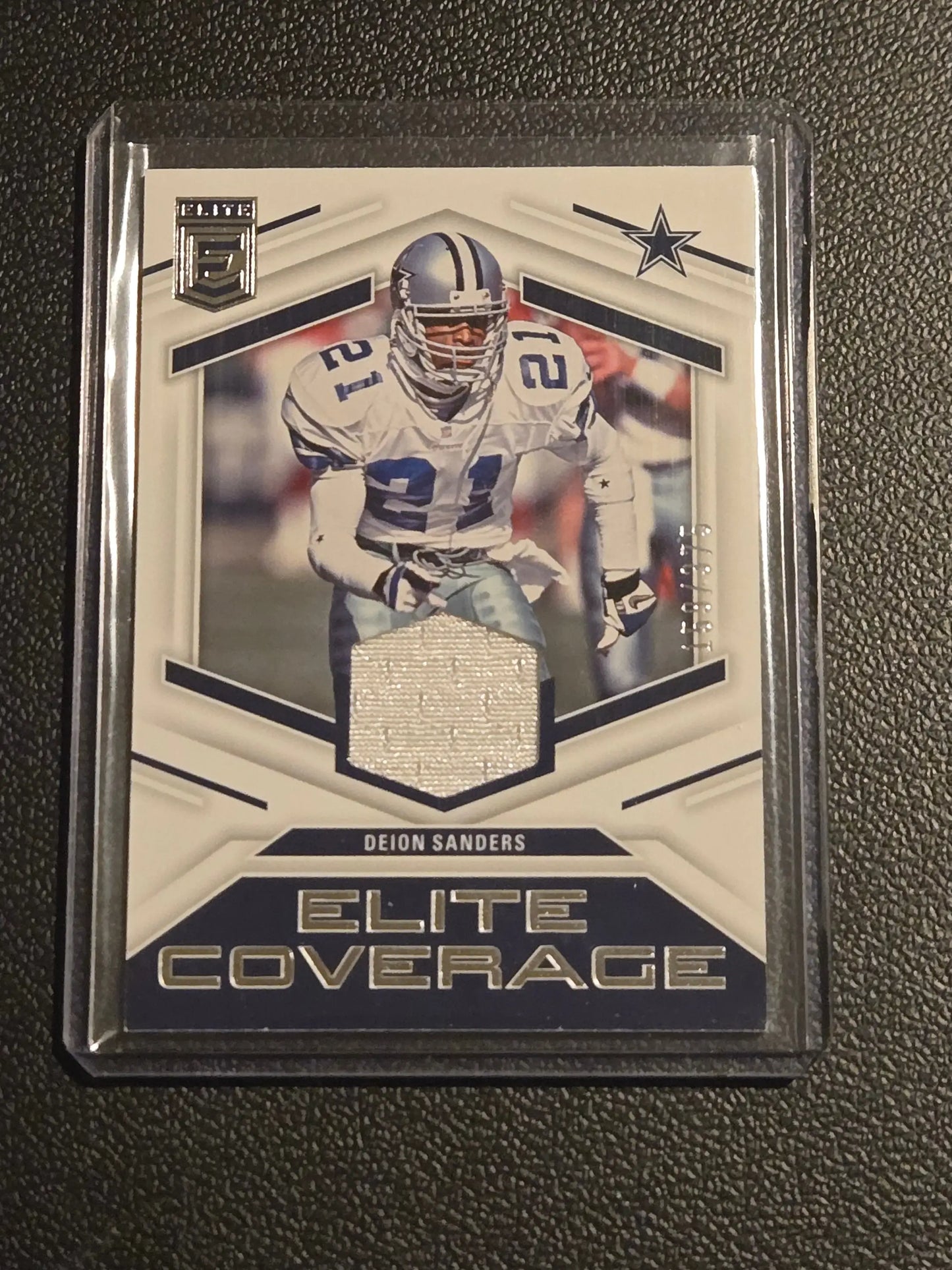 Deion Sanders Dallas Cowboys trading card with jersey swatch from 2023 Donruss Elite