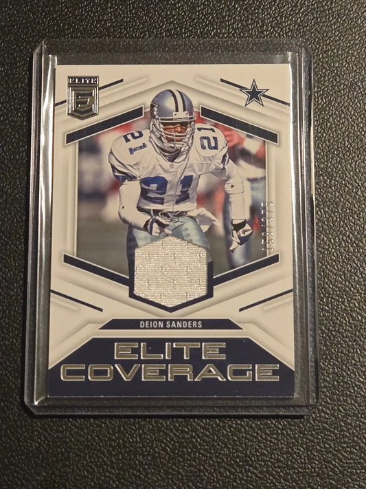 Deion Sanders Dallas Cowboys trading card with jersey swatch from 2023 Donruss Elite