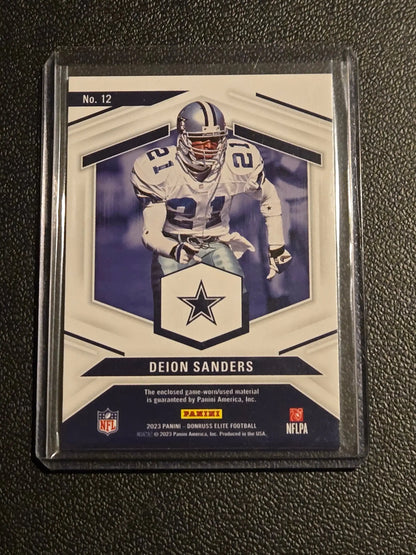 Football trading card featuring Deion Sanders in Dallas Cowboys uniform from Sanders Elite Coverage series