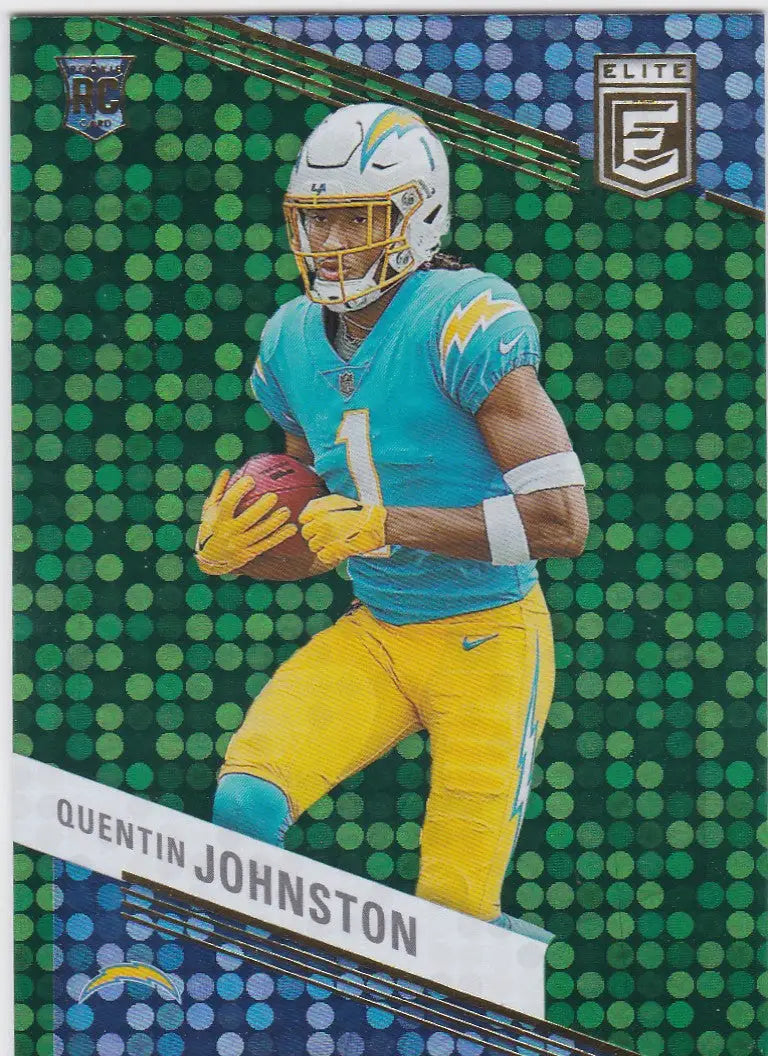 2023 Donruss Elite Quentin Johnston Green Disco RC Chargers football card display