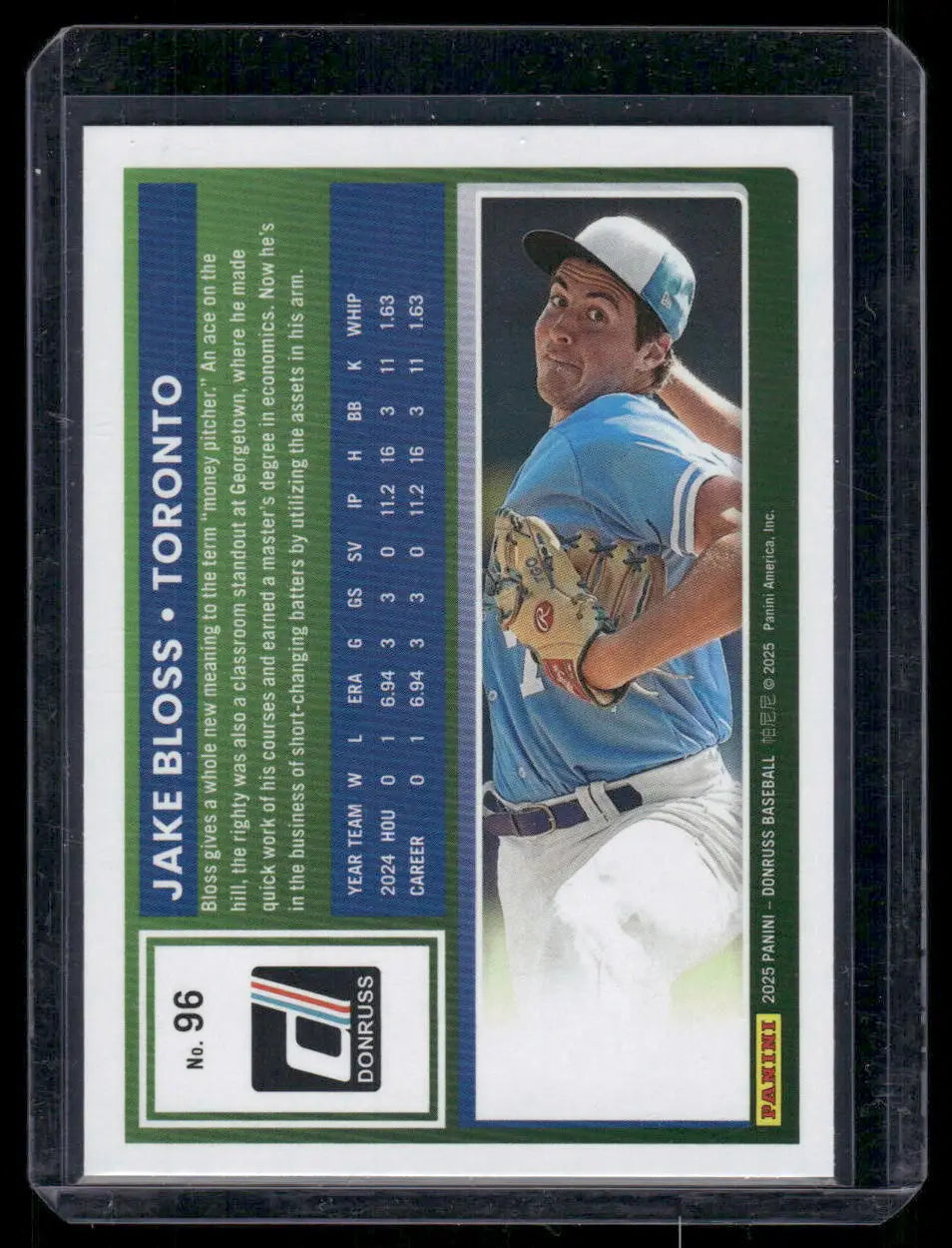 Back of 2023 Donruss Jake Bloss #96 Liberty Baseball trading card featuring Jake Bloss of Toronto Blue Jays