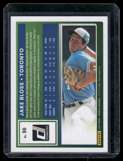Back of 2023 Donruss Jake Bloss #96 Liberty Baseball trading card featuring Jake Bloss of Toronto Blue Jays