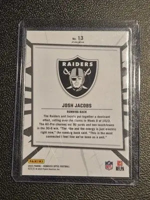 Josh Jacobs football card from 2023 Donruss Optic featuring Las Vegas Raiders player