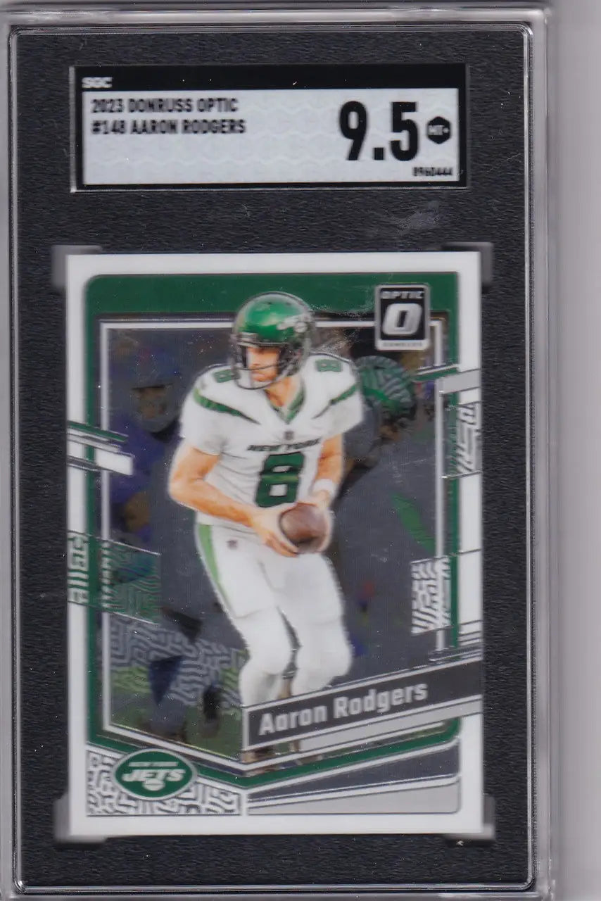 Graded Aaron Rodgers SGC 9.5 football card from 2023 Donruss Optic - New York Jets