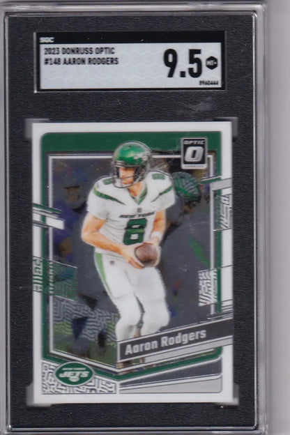 Graded Aaron Rodgers SGC 9.5 football card from 2023 Donruss Optic - New York Jets