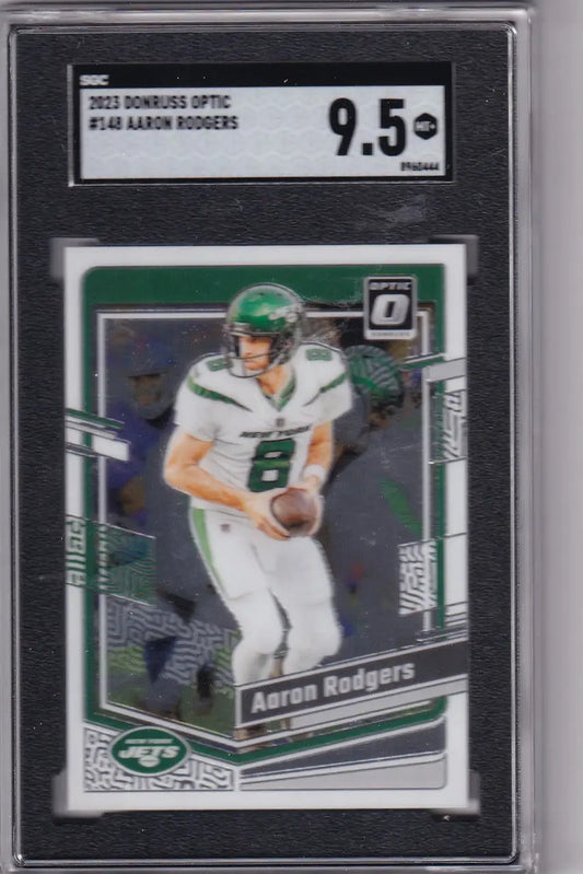 Graded Aaron Rodgers SGC 9.5 football card from 2023 Donruss Optic - New York Jets