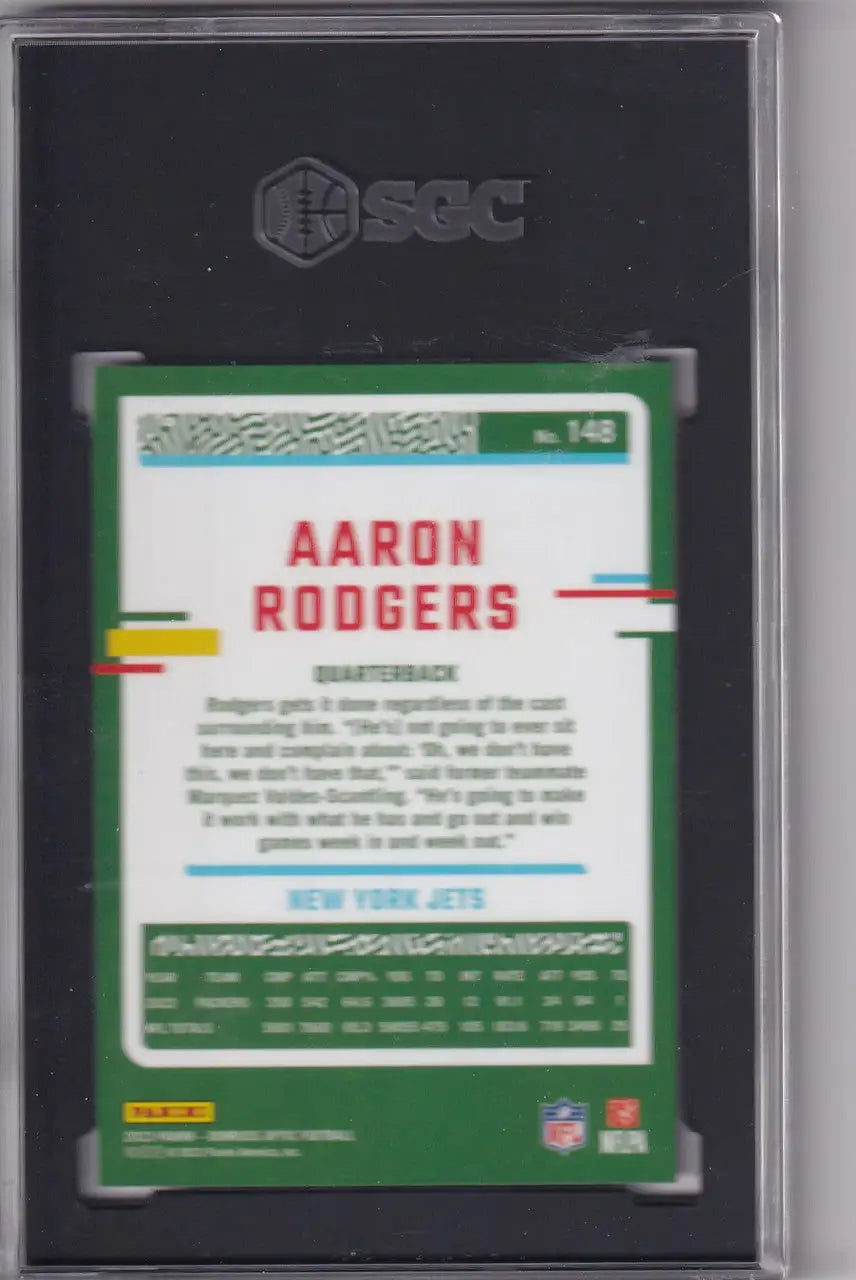 Graded Aaron Rodgers SGC 9.5 football card from 2023 Donruss Optic New York Jets