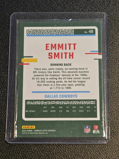 2023 Donruss Optic Emmitt Smith football card displayed in product packaging